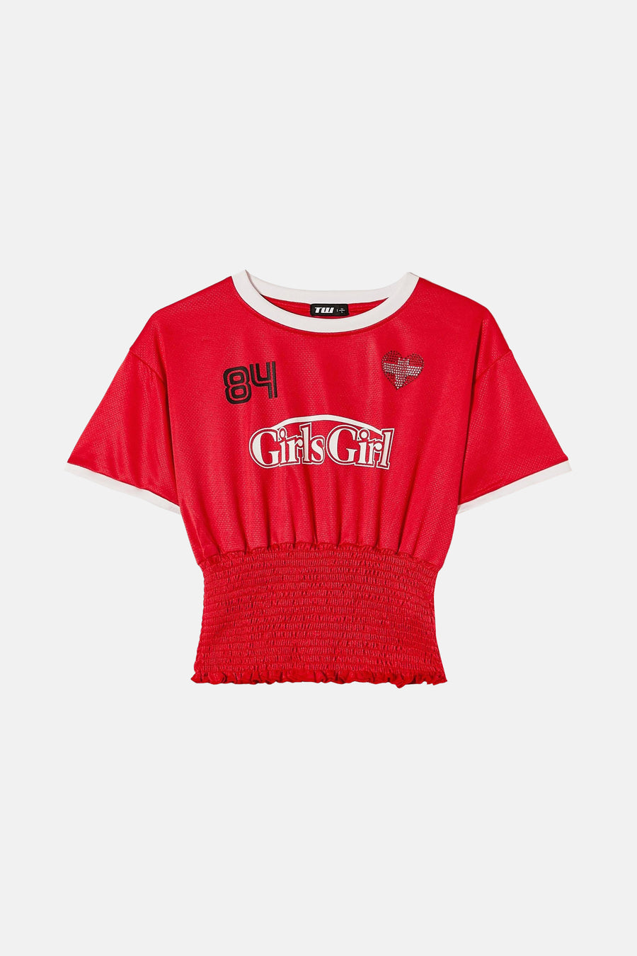 Rood shirt met "Girls Girl" tekst, "84" cijfer en hartje.