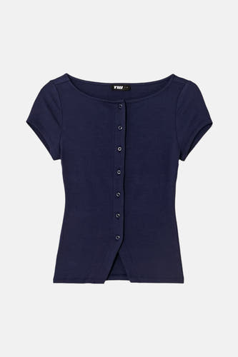 Blauw T-shirt met korte mouwen van TALLY WEIJL, met ronde hals, knoopsluiting en een kleine split aan de voorkant.