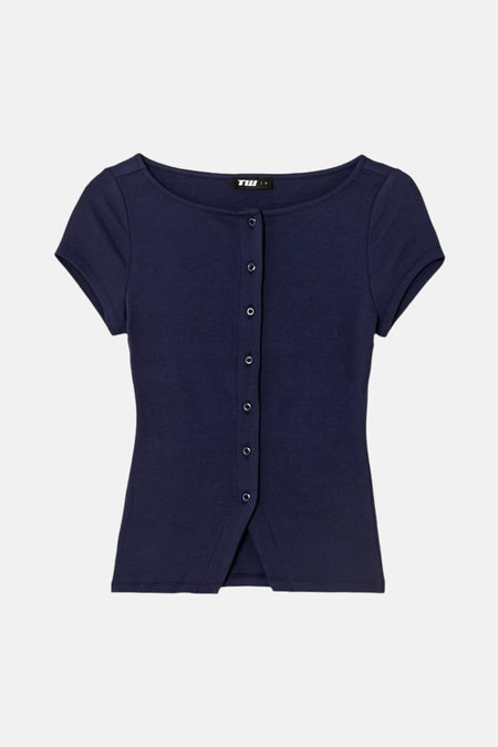 T-shirt bleu à manches courtes de TALLY WEIJL, avec col rond, fermeture à boutons et une petite fente à l'avant.