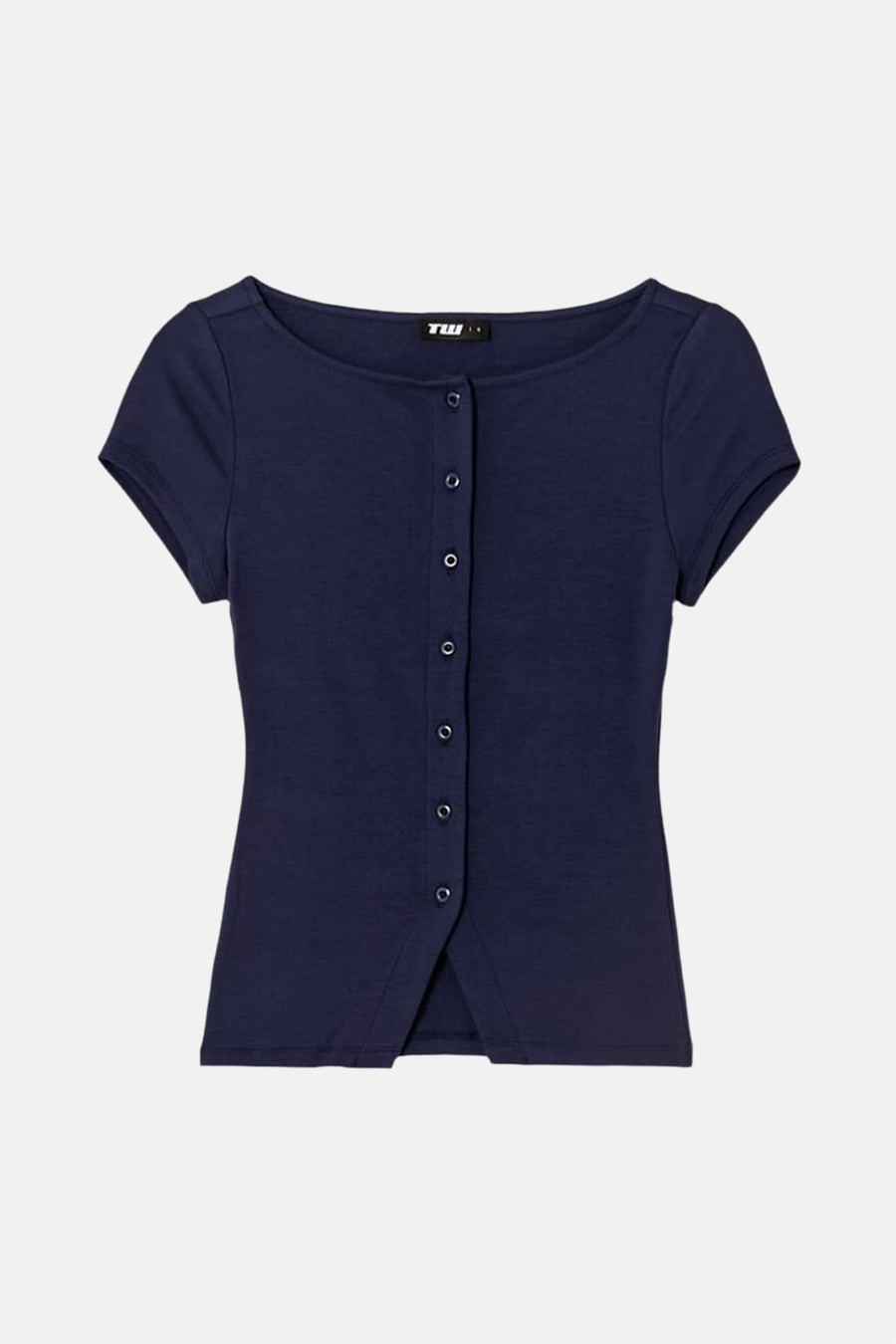 Blauw T-shirt met korte mouwen van TALLY WEIJL, met ronde hals, knoopsluiting en een kleine split aan de voorkant.