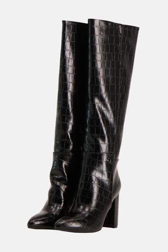 Zwarte laarzen van SUPERTRASH met een krokodillenprint textuur.
