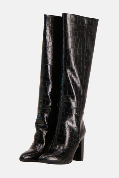 Zwarte laarzen van SUPERTRASH met een krokodillenprint textuur.
