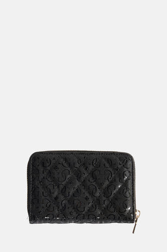 Portefeuille noir de Guess avec un motif de lunettes incrusté et une finition brillante.
