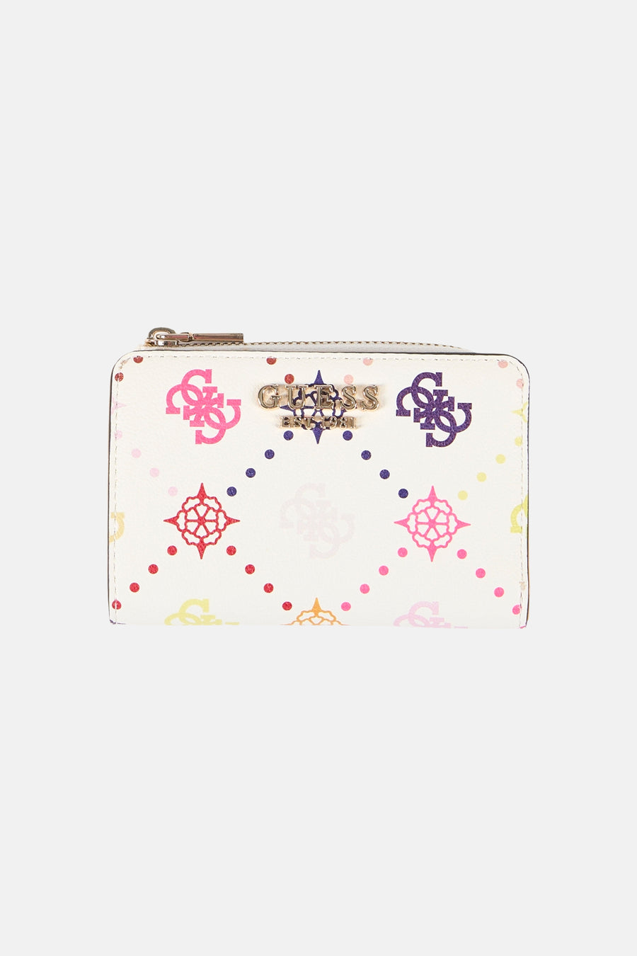 Multikleurige damesportemonnee van Guess met diverse logo- en motiefprints.
