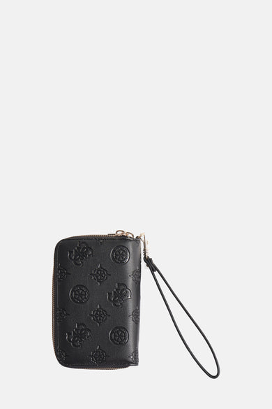 Portefeuille noir Guess avec un motif relief et une bande de poignet.