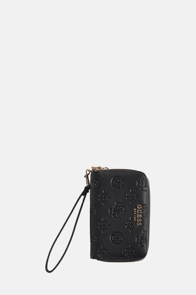 Portefeuille noir Guess avec un motif de logo de marque partout et une bande de poignet.