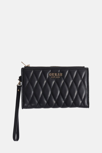 Portefeuille noir Guess avec motif de lunettes et bracelet.