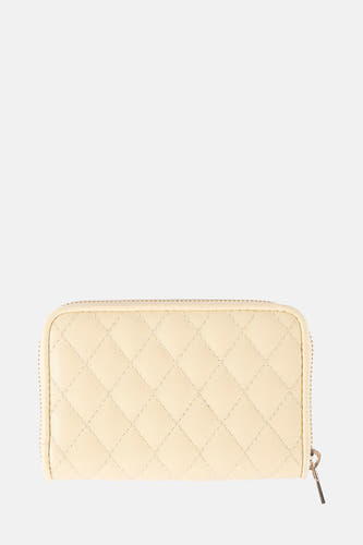 Portefeuille Guess de couleur jaune, avec un rabat en forme de lunettes et une fermeture à glissière.