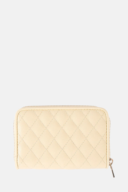 Portefeuille Guess de couleur jaune, avec un rabat en forme de lunettes et une fermeture à glissière.