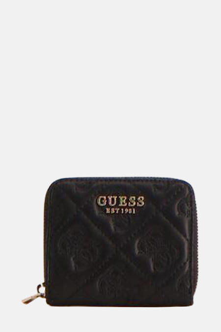 Portefeuille noir de Guess® avec un motif de lunettes subtilement imprimé et une fermeture à glissière dorée.