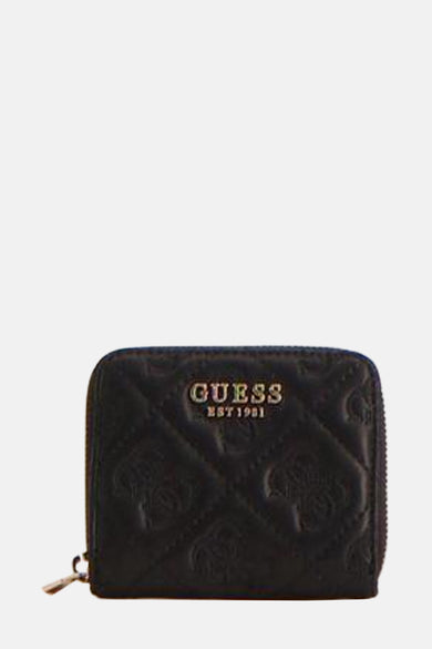 Zwarte portemonnee van Guess® met doorgestikt ruitpatroon en reliëflogo.