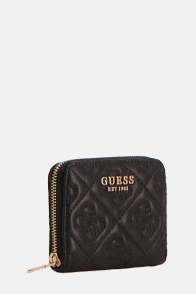 Zwarte portemonnee van Guess met een all-over logo-patroon en gouden ritssluiting.