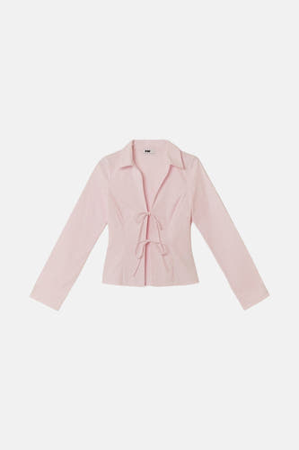 Roze overhemd met lange mouwen van TALLY WEIJL, met een krijtstreepdessin en strikdetail vooraan.
