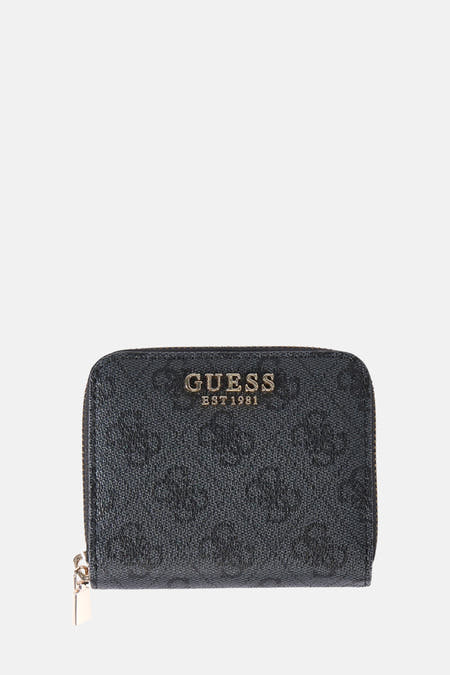 Zwarte portemonnee van Guess, met een subtiel logo patroon en gouden ritssluiting.