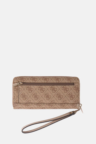 Portefeuille marron de Guess avec un imprimé logo intégral et une bandoulière amovible.