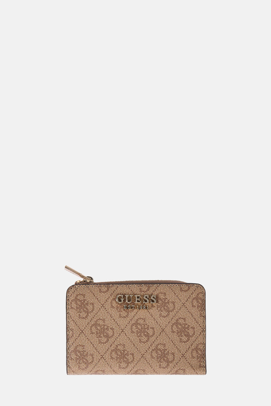 Portefeuille brun de Guess avec logo imprimé et hardware dorée, ouvert sur un fond blanc.