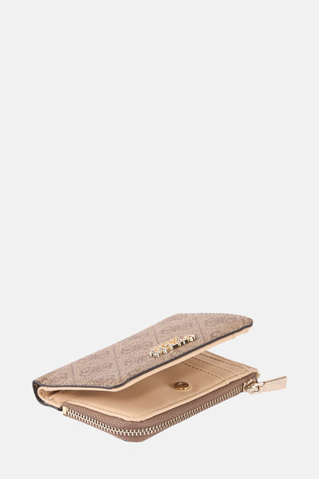 Bruine portemonnee met rits en logo.