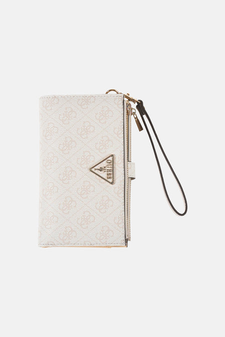 Portefeuille beige Guess, avec un imprimé logo intégral et une dragonne.
