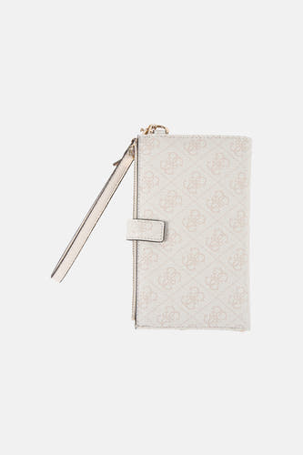 Beige portefeuille van Guess, met een all-over logo print en een polsbandje.