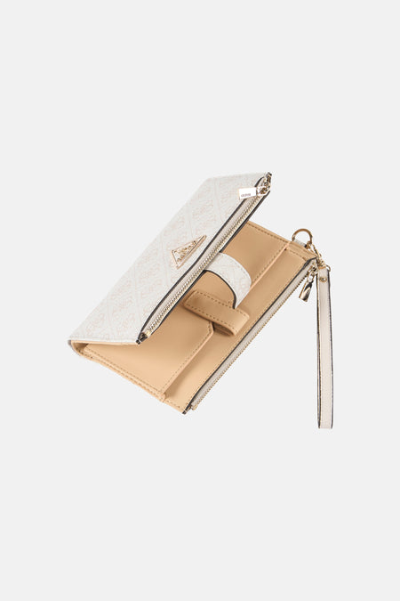 Beige damesportemonnee van Guess met rits en polsband, versierd met logo-patroon.