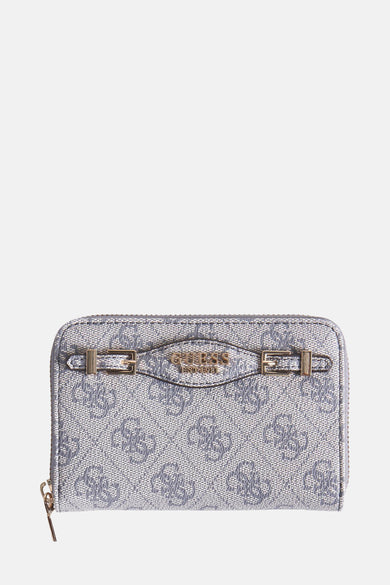 Portefeuille bleu Guess avec une impression de logo partout et un détail de boucle d'or.