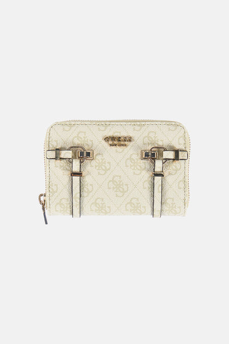 Groene damesportemonnee van Guess met een all-over logo print en decoratieve riemdetails.