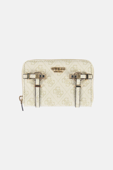 Groene damesportemonnee van Guess met een all-over logo print en decoratieve riemdetails.