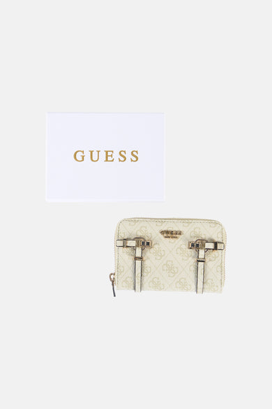 Groene damesportemonnee van Guess, met een all-over print van het merklogo en een ritssluiting.