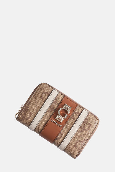 Bruine Guess portemonnee met beige accenten en logo.
