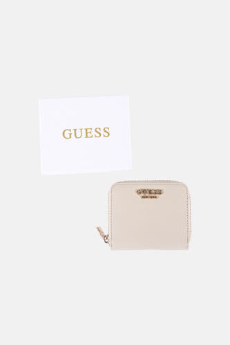 Beige portemonnee van Guess met ritssluiting en merklogo.