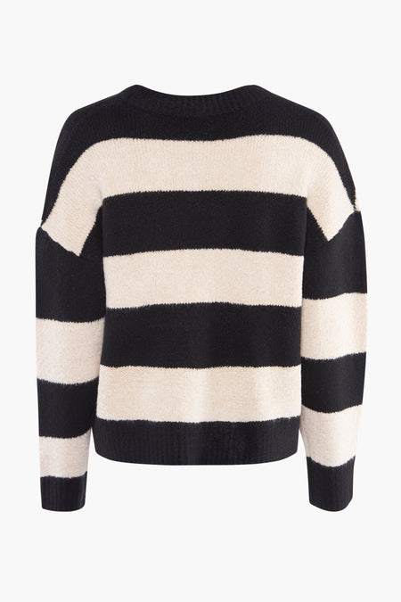 Zwart-beige gestreepte trui met ronde hals van HAILYS, met lange mouwen en een gebreide textuur.
