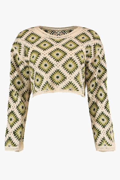 T-shirt vert avec col rond de HAILYS, avec un motif floral tricoté.