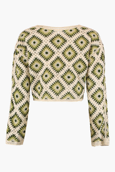 Groene trui met ronde hals van HAILYS, met gehaakt bloemmotief.
