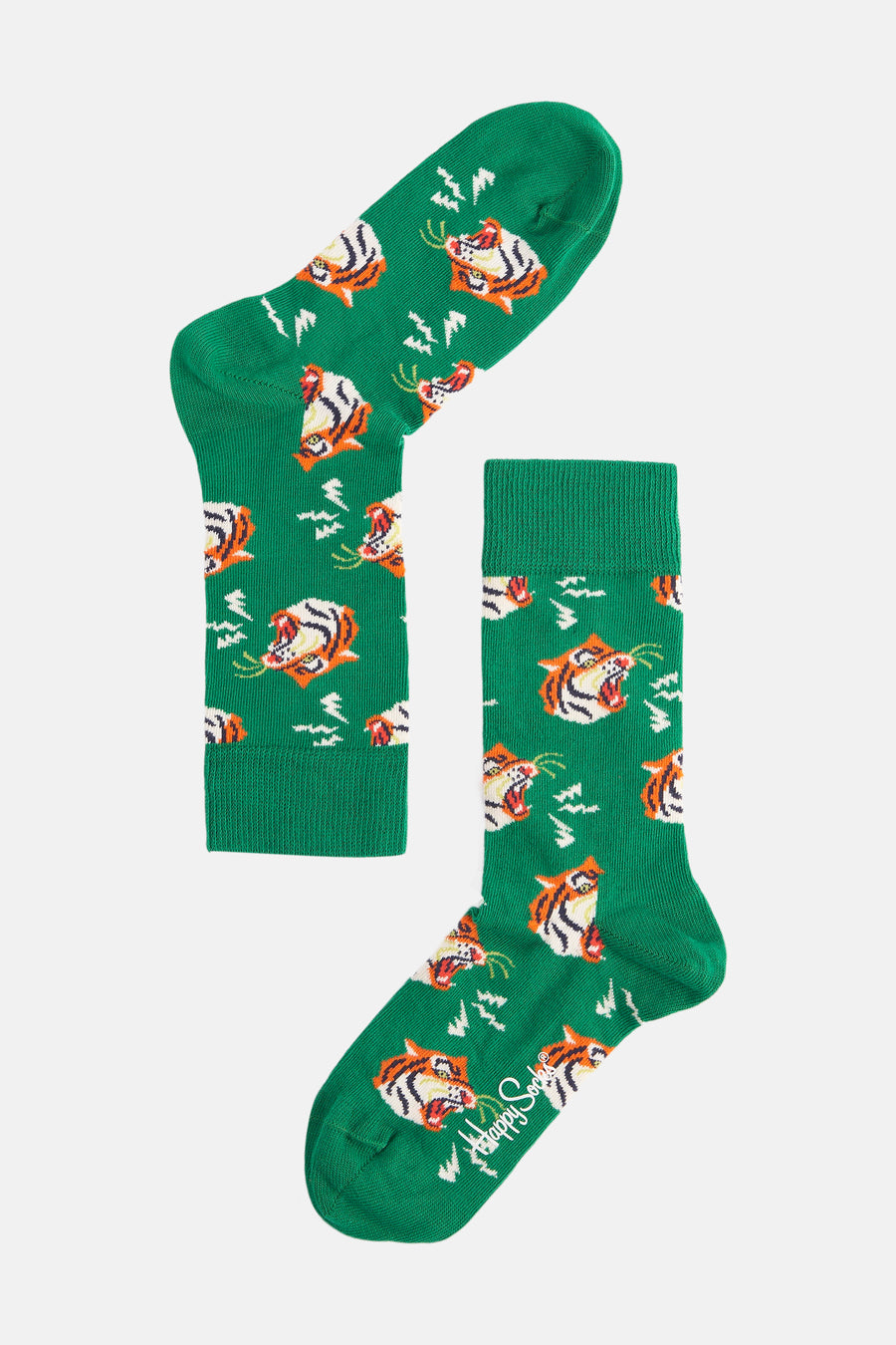 Groene sokken van Happy Socks met een patroon van tijgers en bliksemschichten.