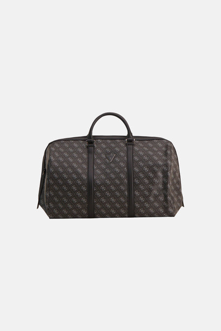 Zwarte toilettas met herhalend logo patroon van Guess, voorzien van leerachtige handvatten en frontplaat, front view