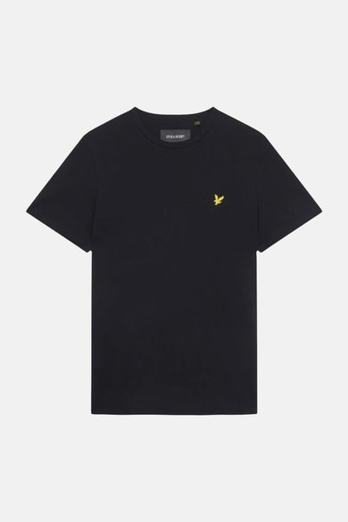 Zwart T-shirt met korte mouwen van LYLE & SCOTT, met ronde hals en een geel adelaarslogo op de borst.