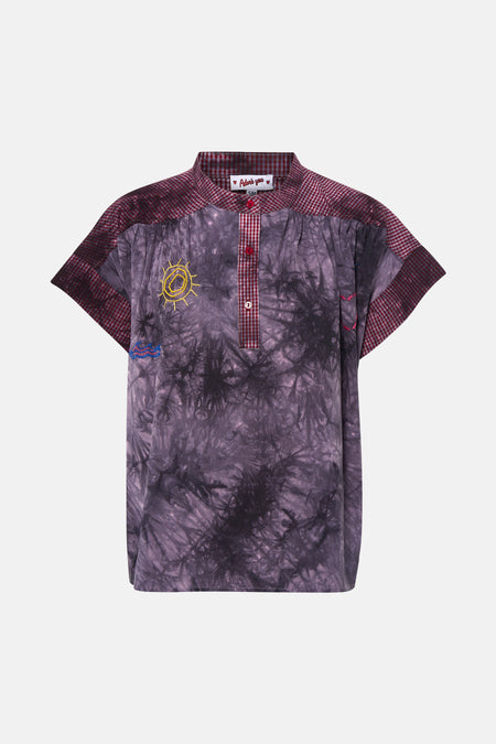 Multicolor korte mouwen blouse van ADORE met tie-dye print, geruit kraag en borduurwerk, front view