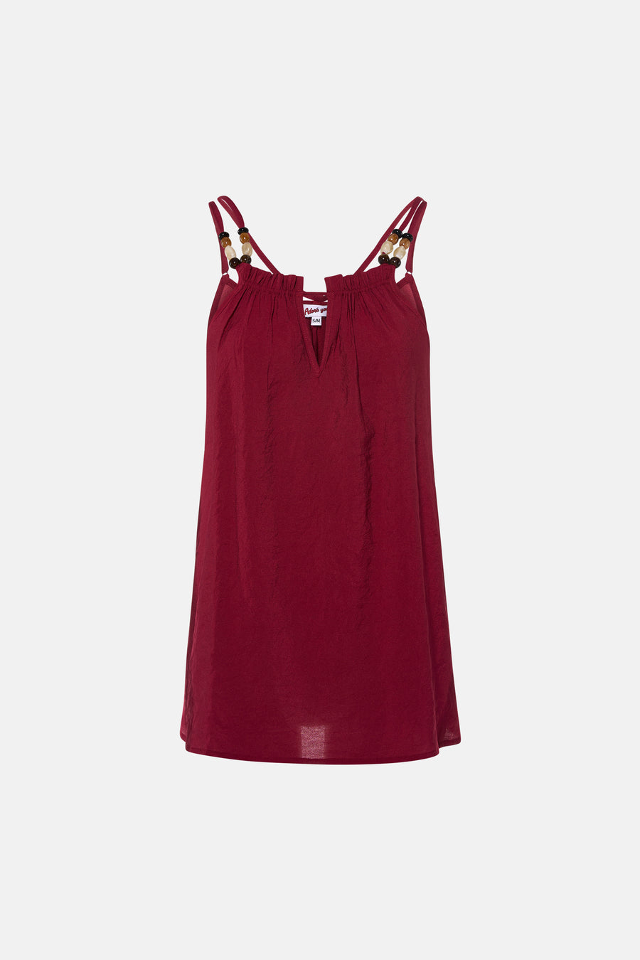 Rode mouwloze blouse van ADORE met gekruiste bandjes en houten kralen, voorzien van een V-hals en ruches aan de bovenkant.