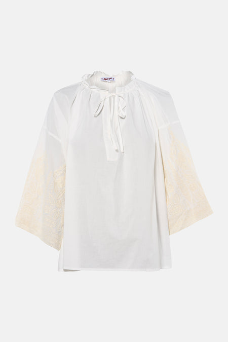 Witte blouse met lange mouwen van ADORE, met geborduurde details aan de mouwen en strikje aan de hals, front view
