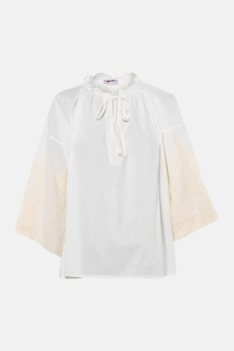 Witte blouse met lange mouwen van ADORE, met geborduurde details aan de mouwen en strikje aan de hals, front view