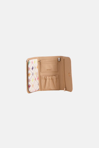 Multikleurige damesportemonnee van Guess, met een wit patroon en verschillende vakken.