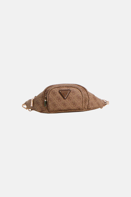 Sac à bandoulière marron Guess avec motif, détails dorés et fermeture à glissière.