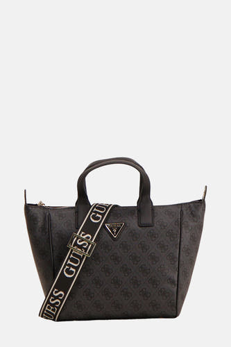Sac à main noir de Guess avec un imprimé logo partout et des anses sur le dessus.