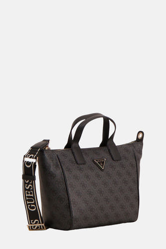 Sac à main noir de Guess avec imprimé logo et une bandoulière avec logo.