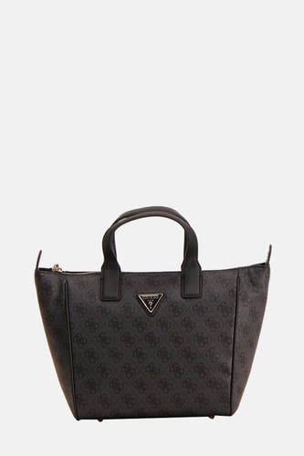 Sac à main noir de Guess, avec imprimé logo partout et anses noires.