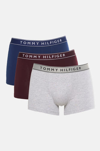 Meerkleurige boxershorts van TOMMY JEANS, in effen marineblauw, bordeauxrood en grijs gemêleerd, met logo op de tailleband.
