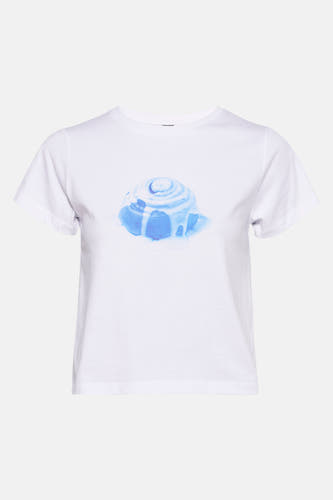 T-shirt blanc à manches courtes d'Unwind, avec une impression bleue d'une croissant.