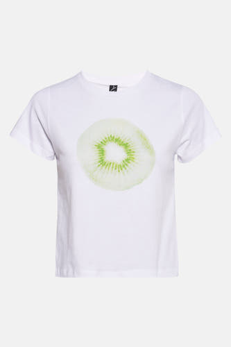 T-shirt blanc à manches courtes d'Unwind, avec une impression d'une kiwi tranchée sur l'avant.