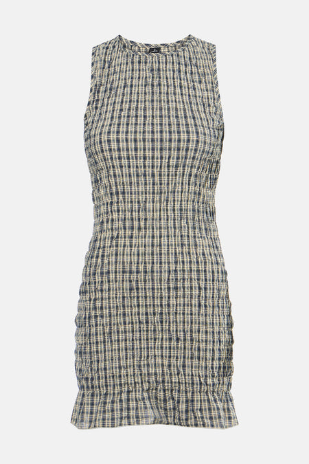 Robe sans manches bleue d'Unwind, avec un imprimé à carreaux et une texture froissée.