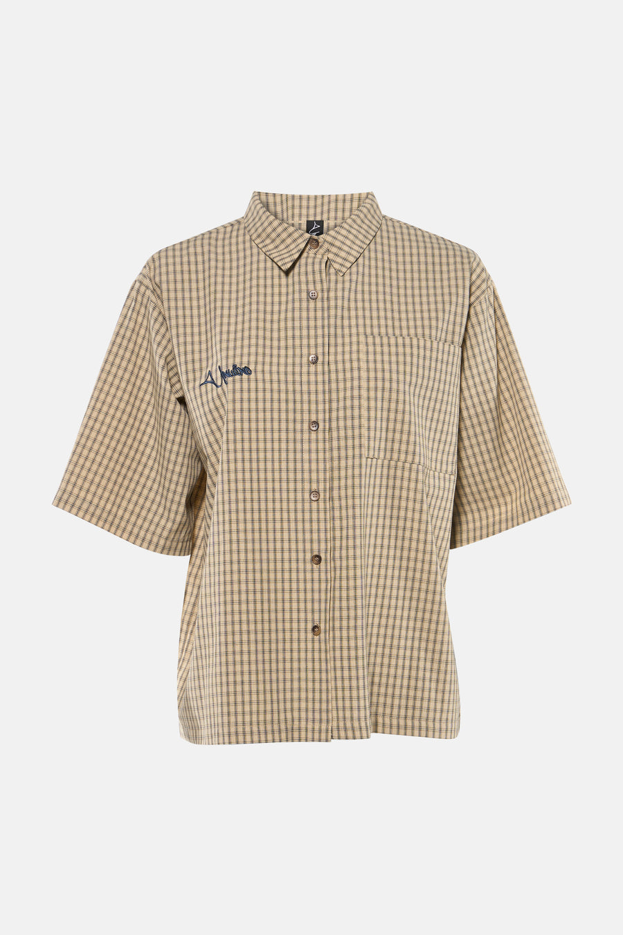 Chemise beige à manches courtes d'Unwind, avec un motif à carreaux et une poche poitrine.